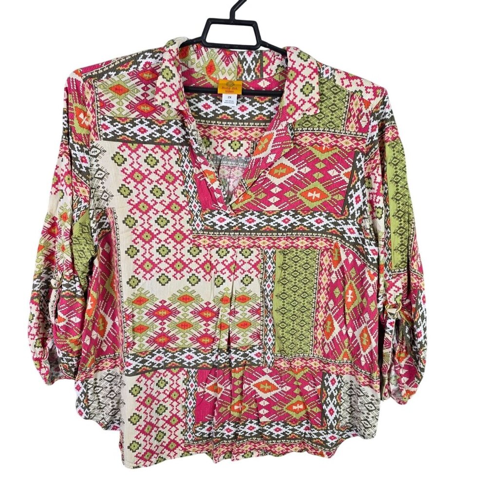 Womens Ruby Rd Multicolor Aztec Print Blouse V Neck Roll Tab Sleeve Rayon 2X